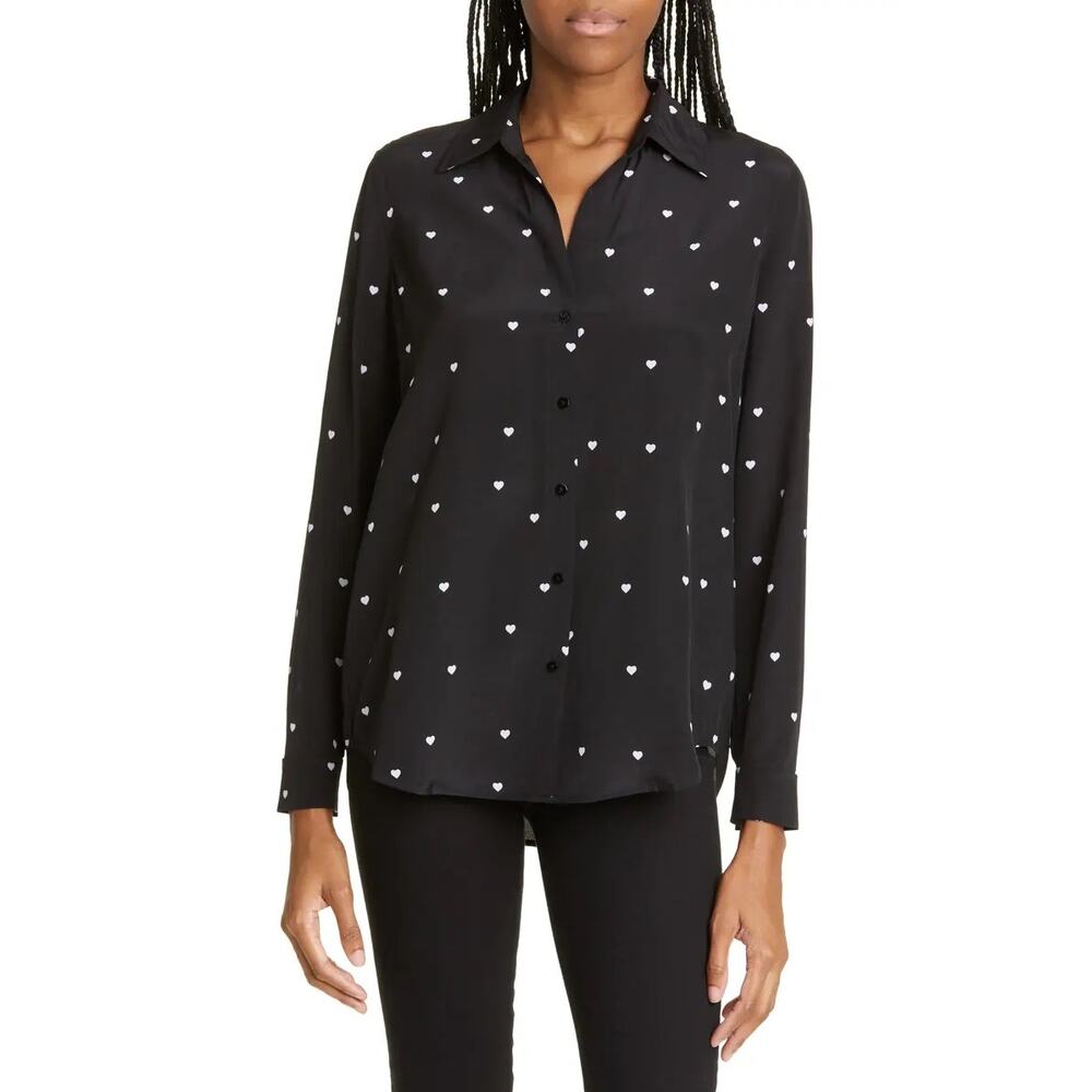 L'Agence Nina Heart Print Button Down Shirt Black White Blouse Medium